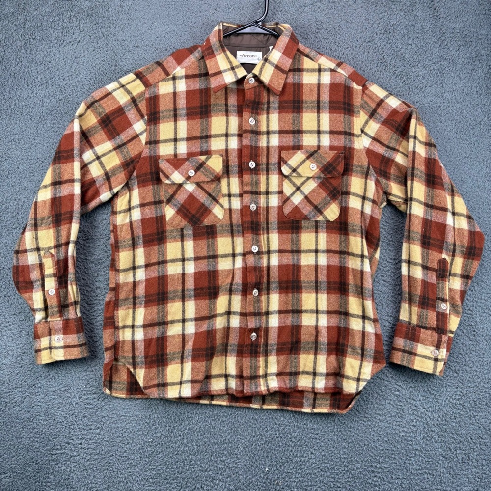 Arrow Mens‎ Vintage Plaid Wool Blend Flannel Shirt Large Brown Yellow 9009